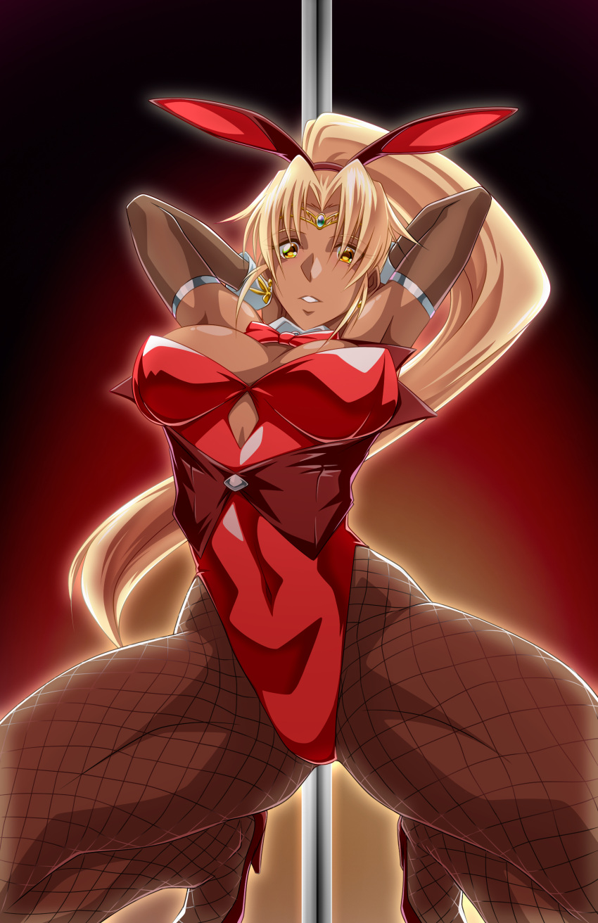 absurdres akuron_(acllon) animal_ears arm_warmers arms_up blonde_hair breasts circlet cleavage covered_navel dark-skinned_female dark_skin fake_animal_ears female gradient_background high_heels high_ponytail highres leotard long_hair looking_at_viewer parted_lips playboy_bunny pole_dancing red_footwear red_leotard sasha_(sennen_sensou_aigis) sennen_sensou_aigis solo squatting tan very_long_hair wrist_cuffs yellow_eyes