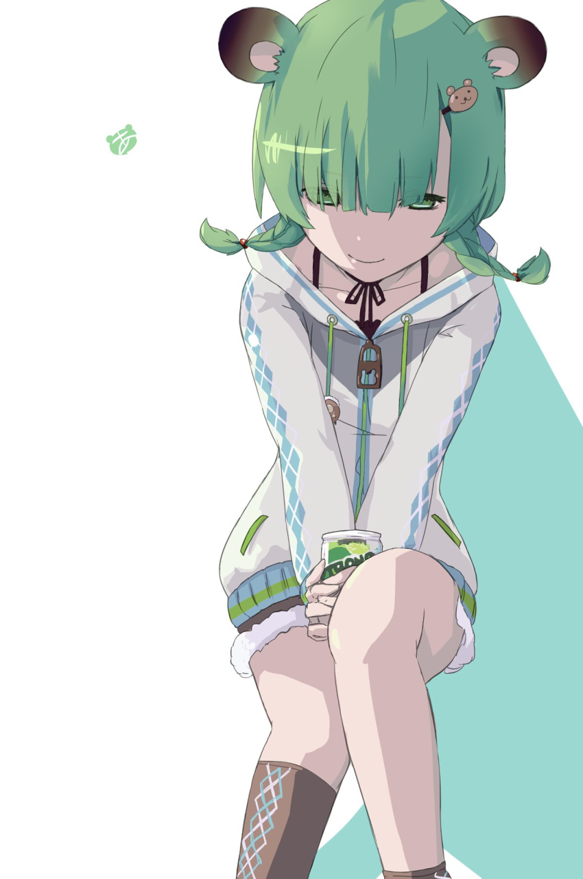 animal_ears animare argyle asymmetrical_legwear bear_ears bear_hair_ornament braid can closed_mouth collarbone commentary drawstring eyes_visible_through_hair feet_out_of_frame female fur-trimmed_shorts fur_trim green_eyes green_hair hair_ornament hairclip highres hinokuma_ran holding holding_can hood hood_down jacket kneehighs kubrick_stare leaning_forward long_sleeves looking_at_viewer nanashi_inc. short_shorts shorts single_kneehigh single_sock smile socks solo takanashi_akihito twin_braids uneven_legwear virtual_youtuber zipper_pull_tab