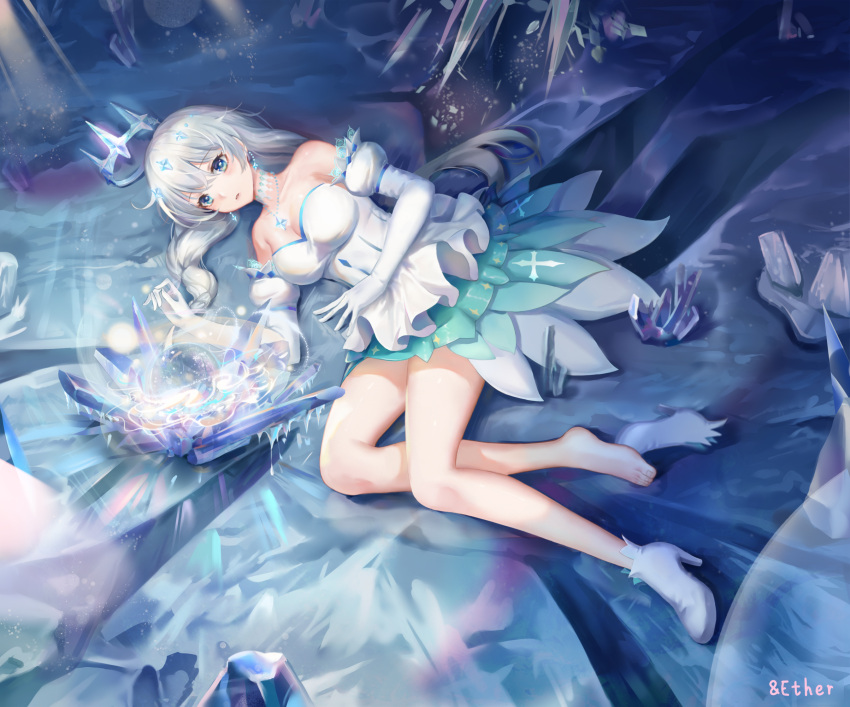 &ether artist_name bare_shoulders barefoot blue_eyes boots braid breasts chinese_commentary cleavage commentary_request crown crystal dated dress earrings elbow_gloves english_text female full_body gloves hair_between_eyes hair_ornament high_heels highres honkai_(series) honkai_impact_3rd jewelry kiana_kaslana kiana_kaslana_(divine_prayer) long_hair looking_at_viewer lying on_side shoes sidelocks solo thighs twin_braids very_long_hair white_dress white_footwear white_gloves white_hair