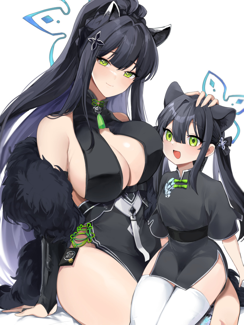 2girls absurdres animal_ear_fluff animal_ears black_fur black_hair blue_archive breasts china cleavage cleavage_cutout clothing_cutout dual_persona fur_trim green_eyes hair_ornament highres large_breasts long_hair looking_at_viewer mindoll multicolored_hair multiple_girls shun_(blue_archive) shun_(small)_(blue_archive) sidelocks thighhighs thighs two-tone_hair very_long_hair white_background white_thighhighs