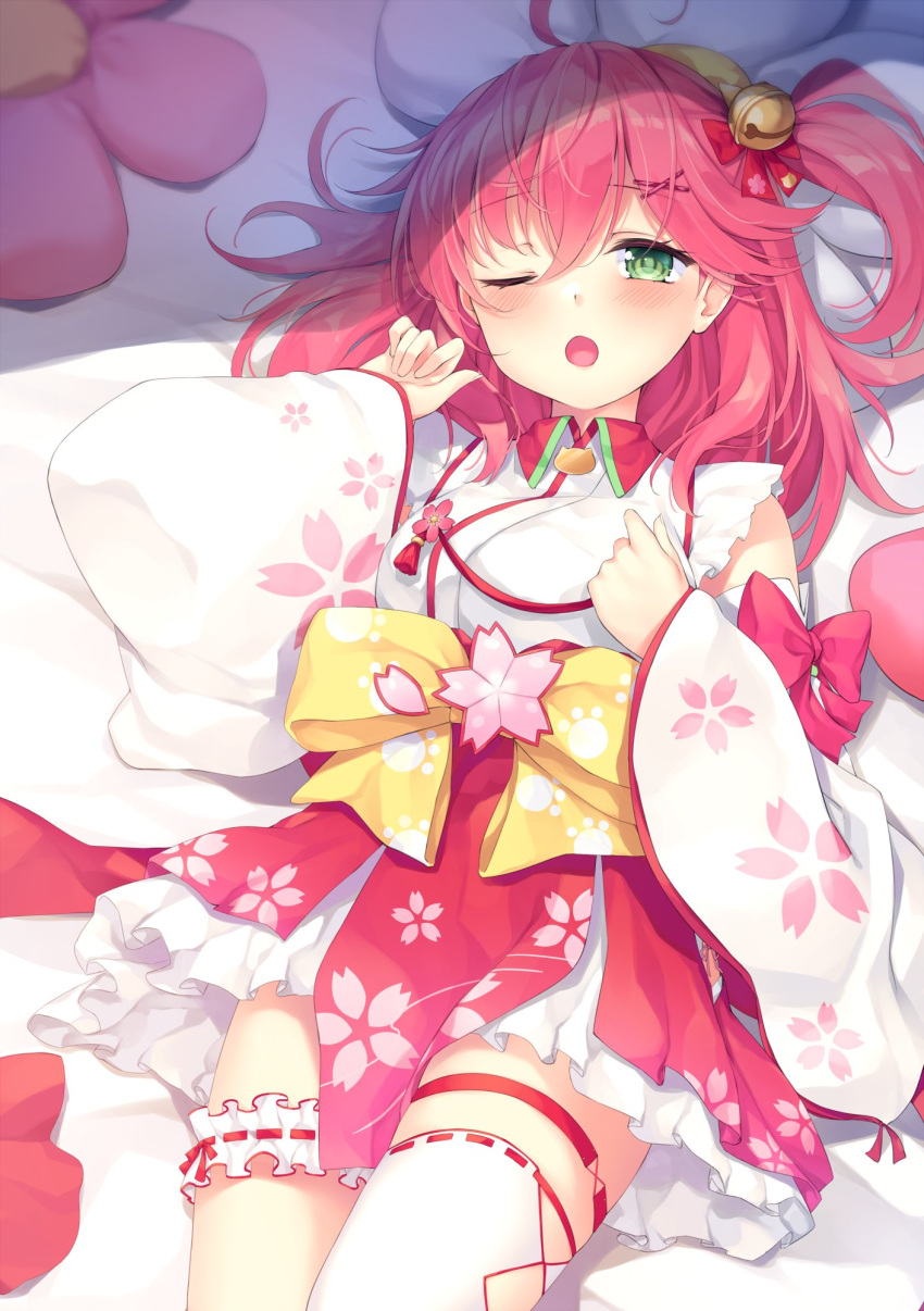 :o ahoge bell bridal_garter cherry_blossom_print chiyonekoko detached_sleeves female floral_print green_eyes hair_bell hair_ornament hairclip highres hololive long_hair looking_at_viewer lying on_back one_eye_closed open_mouth paw_print paw_print_pattern pink_hair sakura_miko sakura_miko_(1st_costume) solo virtual_youtuber white_legwear x_hair_ornament