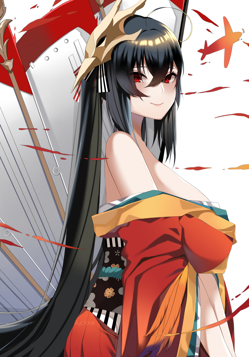 absurdres aircraft airplane azur_lane bare_shoulders black_hair blush breasts closed_mouth eyebrows_visible_through_hair female flower hair_between_eyes hair_ornament highres huge_breasts japanese_clothes kimono lilycious long_hair long_sleeves looking_at_viewer machinery mask mask_on_head off-shoulder_kimono red_eyes red_kimono sash smile solo taihou_(azur_lane) very_long_hair wide_sleeves