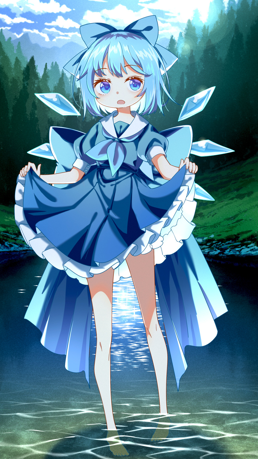 :o absurdres alternate_costume barefoot blue_bow blue_dress blue_eyes blue_hair blue_neckwear blue_serafuku bow cirno clothes_lift commentary_request dress dress_lift female forest full_body hairbow highres ice ice_wings jiege lens_flare lifting_own_clothes looking_at_viewer nature partially_submerged petticoat puffy_short_sleeves puffy_sleeves school_uniform serafuku short_hair short_sleeves solo standing touhou wings