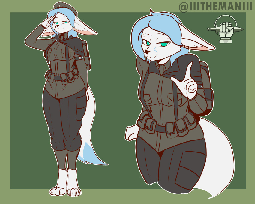 5:4 5_fingers absurd_res anthro barefoot beret black_nose blue_body blue_eyes blue_fur blue_hair breasts canid canine clothed clothing feet female fennec_fox fingers fluffy fox foxhole:_persistant_online_warfare fur gesture hair hat headgear headwear hi_res inner_ear_fluff looking_at_viewer mammal salute signature smile solo the_man true_fox tuft white_body white_fur