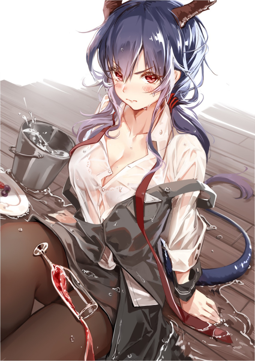 arknights black_pantyhose black_skirt black_vest blue_hair blush breasts bucket ch'en_(arknights) chinese_commentary cleavage clouble collarbone commentary_request cup dragon_horns dragon_tail drinking_glass female hair_between_eyes highres horns long_hair long_sleeves looking_at_viewer medium_breasts pantyhose red_eyes shirt sitting skirt solo tail v-shaped_eyebrows vest water wet wet_clothes wet_shirt white_shirt wrist_cuffs