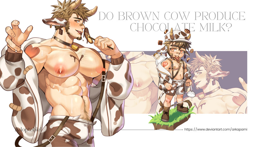 1boy abs absurdres adoptable animal_costume animal_ears animal_print arkapami bandaid bandaid_on_face bandaid_on_nose bara bare_pectorals bell blush bottle brown_hair bulge chest_hair chibi chocolate_banana cow_boy cow_costume cow_ears cow_horns cow_print cow_tail cowbell ear_tag facial_hair feet_out_of_frame goatee highres horns jacket jacket_partially_removed knuckle_hair lactation large_pectorals licking long_sideburns looking_at_viewer looking_back male_focus male_lactation manboobs milk milk_bottle muscular muscular_male navel navel_hair nipples off_shoulder original pectorals seductive_smile short_hair sideburns smile stomach stubble tail thick_eyebrows