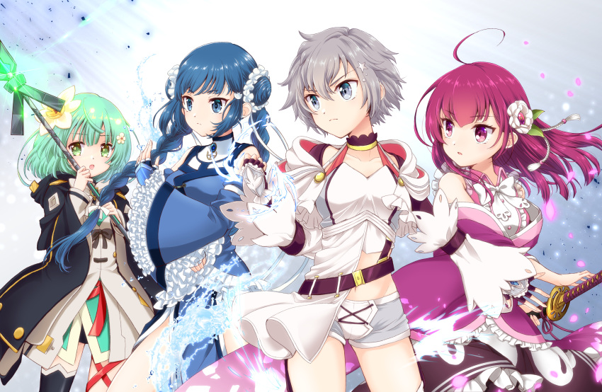 4girls ahoge bad_id bad_pixiv_id belt blue_eyes blue_hair braid chiwa_(chiwawanwan1206) chun_meiyui collarbone detached_sleeves fighting_stance fingerless_gloves flower gloves green_eyes green_hair grey_hair hair_flower hair_ornament highres holding holding_sword holding_weapon jacket katana looking_to_the_side magia_record:_mahou_shoujo_madoka_magica_gaiden magical_girl mahou_shoujo_madoka_magica multiple_girls natsume_kako open_mouth petals ready_to_draw shinobu_akira_(madoka_magica) short_hair short_shorts shorts sword tokiwa_nanaka twin_braids weapon