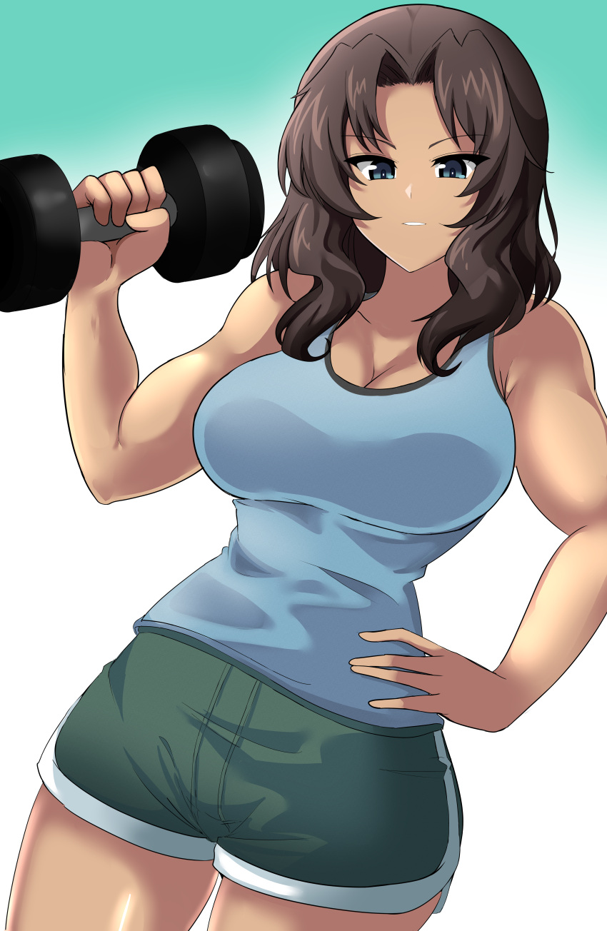 absurdres aikir_(jml5160) bare_shoulders blue_eyes blue_tank_top breasts brown_hair cleavage commentary_request commission dark-skinned_female dark_skin dumbbell el_(girls_und_panzer) exercising female girls_und_panzer girls_und_panzer_saishuushou gradient_background green_shorts hand_on_own_hip highres large_breasts looking_at_viewer medium_hair muscular muscular_female pixiv_commission shiny_skin short_shorts shorts solo tank_top weightlifting