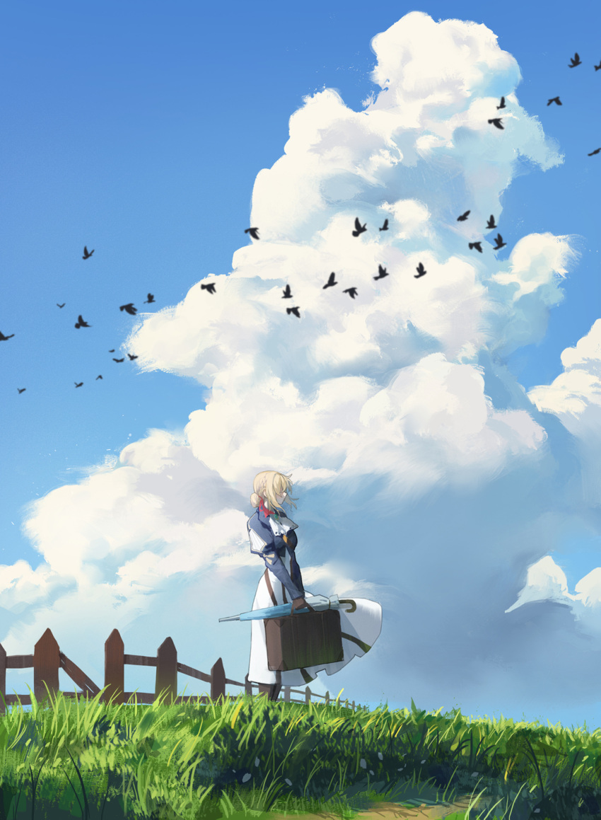 animal bad_id bad_twitter_id bird blonde_hair blue_eyes blue_sky braid braided_bun cloud cloudy_sky commentary crown_braid cumulonimbus_cloud day dirt_road dongho_kang dress facing_to_the_side female fence flock grass hair_bun hair_ribbon highres holding holding_suitcase holding_umbrella juliet_sleeves long_dress long_sleeves looking_to_the_side outdoors path puffy_sleeves red_ribbon ribbon road scenery short_hair sky solo standing suitcase umbrella violet_evergarden violet_evergarden_(series) white_dress wide_shot wind wooden_fence