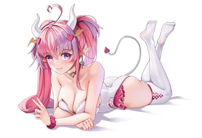 ahoge ass bare_shoulders breasts checkered_thighhighs choker cleavage demon_girl demon_horns demon_tail feet feet_up female hair_ornament heart heart_ahoge heart_choker heart_hair_ornament highres horns ironmouse ironmouse_(race_queen) large_breasts legs leotard long_hair lying matrix16 multicolored_hair nail_polish no_shoes on_stomach pink_choker pink_hair pink_nails purple_eyes purple_hair smile soles solo streaked_hair tail the_pose toes twintails v virtual_youtuber vshojo white_leotard