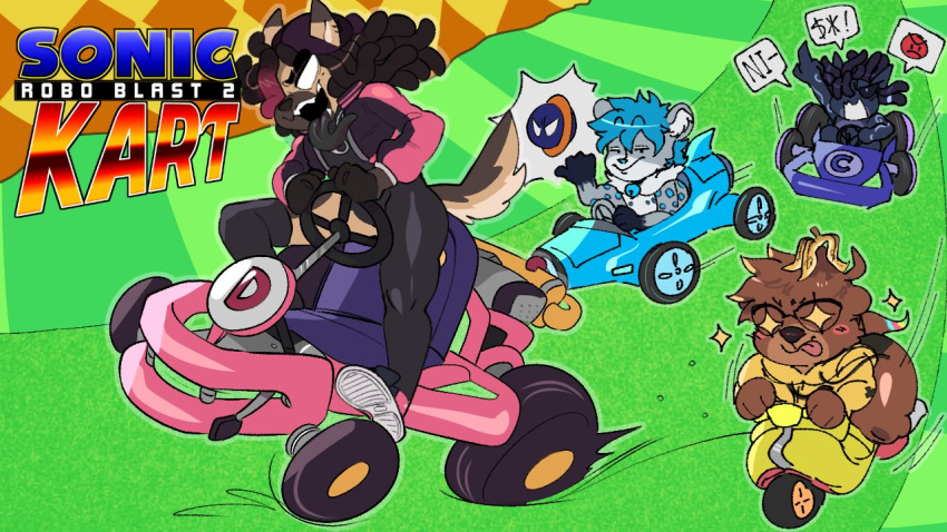 16:9 anthro archon_eclipse black_hair black_tongue blep blue_hair brown_body brown_fur canid canine canis devin_(yungyiff) domestic_dog dreadlocks english_text eyewear felid female femboy fur german_shepherd glasses grey_body grey_fur group hair herding_dog kart kubasama_(artist) male mammal mustelid otter pantherine pastoral_dog racing sega smug snow_leopard sonic_the_hedgehog_(series) speech_bubble spots steering_wheel text tongue tongue_out vehicle widescreen