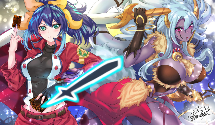 2girls absurdres alternate_breast_size belt between_fingers blue_hair breasts card card_between_fingers cleavage colored_skin colored_tips duel_academy_uniform_(yu-gi-oh!_arc-v) duel_disk duel_monster fingerless_gloves frown gloves gradient_hair green_eyes highres holding holding_card holding_sword holding_weapon jacket large_belt large_breasts long_hair lunalight_leo_dancer multicolored_hair multiple_girls nez-box open_clothes open_jacket open_mouth ponytail purple_skin red_eyes serena_(yu-gi-oh!) signature single_glove sword weapon yu-gi-oh! yu-gi-oh!_arc-v