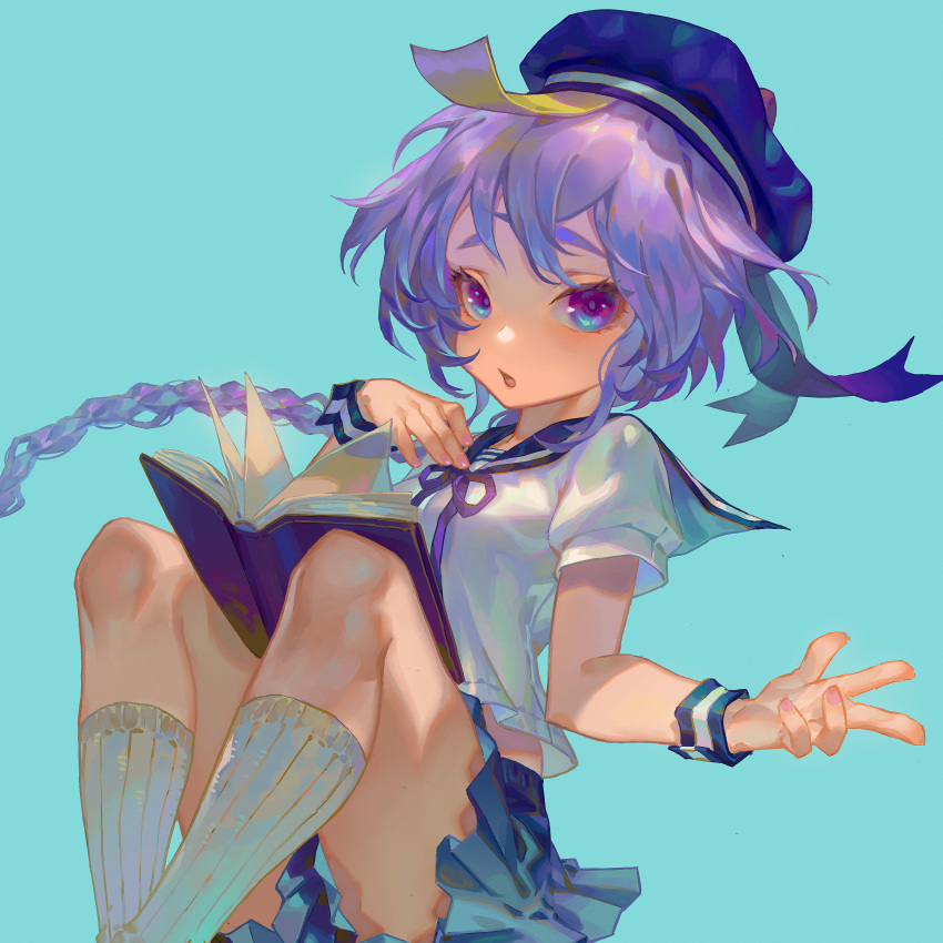 :o absurdres alternate_costume aqua_background blue_headwear blue_sailor_collar blue_skirt book braid braided_ponytail chinese_commentary commentary_request crossed_ankles eyelashes feet_out_of_frame female genshin_impact hair_between_eyes hand_up highres kneehighs knees legs long_hair looking_at_viewer open_book open_mouth pleated_skirt purple_eyes purple_hair qiqi_(genshin_impact) rui_(gsr1982) sailor_collar shirt simple_background skirt socks solo thick_eyebrows white_shirt white_socks