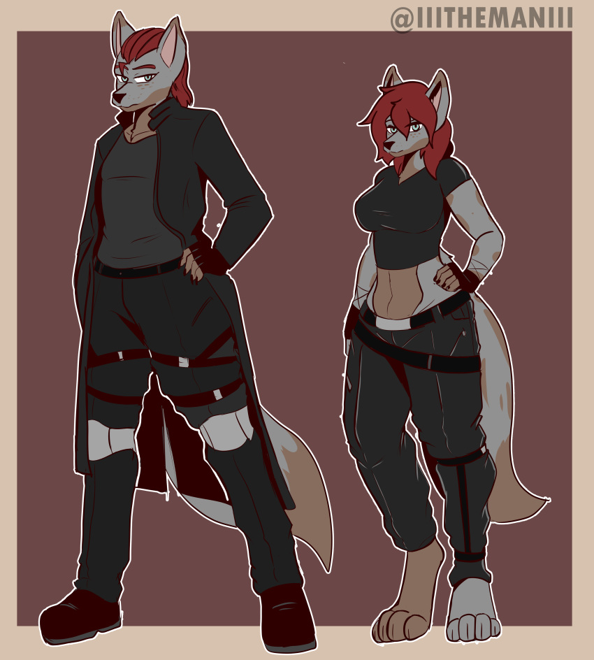 2022 absurd_res anthro black_nose blue_eyes breasts canid canine canis clothing coat duo female fingerless_gloves fur gloves grey_body grey_fur hair hand_on_hip handwear hi_res igni male mammal midriff red_hair sheila_(igni_vulpes) short_hair slicked_back_hair standing the_man topwear wolf