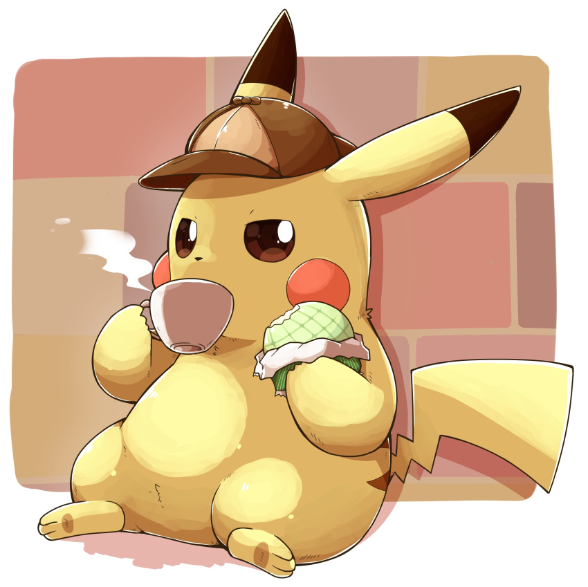 2021 3_toes ambiguous_gender beverage clothing container cup detective_pikachu dipstick_ears ear_markings featureless_crotch feet food fur generation_1_pokemon hat hat_only headgear headgear_only headwear headwear_only hi_res mostly_nude multicolored_ears nintendo pikachu pokemon pokemon_(species) semi-anthro sitting solo tatu_wani_(artist) toes yellow_body yellow_fur