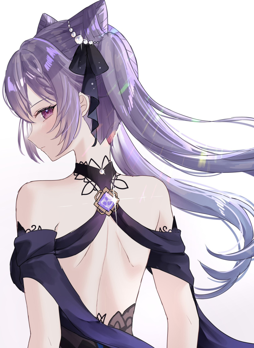 bare_back bare_shoulders black_ribbon blush commentary cone_hair_bun female genshin_impact hair_bun hair_ribbon highres keqing_(genshin_impact) keqing_(opulent_splendor)_(genshin_impact) long_hair looking_at_viewer mitsudomoe_(shape) mochi_mochi052 purple_eyes purple_hair ribbon simple_background solo tomoe_(symbol) twintails upper_body very_long_hair vision_(genshin_impact) white_background