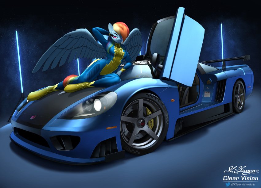 2021 absurd_res anthro blue_body blue_feathers car car_hood_pose clearvision clothing digital_media_(artwork) english_text equid equine eyebrows eyelashes feathers female friendship_is_magic hand_behind_head hasbro hi_res looking_at_viewer mammal my_little_pony mythological_creature mythological_equine mythology on_hood pegasus rainbow_dash_(mlp) saleen_s7 shadow solo text vehicle wings