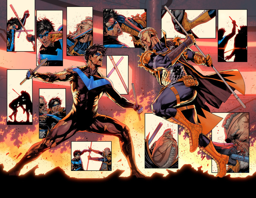 2boys alejandro_sanchez batman_(series) baton_(weapon) beard black_bodysuit black_cape black_hair blood blood_from_mouth blood_on_face blood_splatter blue_bodysuit bodysuit boots burning cape clenched_teeth closed_eyes collaboration covered_abs dc_comics deathstroke dick_grayson domino_mask dual_wielding duel eyepatch face_punch facial_hair fighting_stance fire gloves grey_hair highres holding holding_weapon holster in_the_face injury kicking looking_at_another mask mature_male multiple_boys multiple_views muscular muscular_male nightwing official_art one_eye_covered open_mouth orange_gloves punching sampere_art short_hair superhero_costume teeth thigh_holster torn_bodysuit torn_clothes two-tone_bodysuit weapon western_comics_(style)