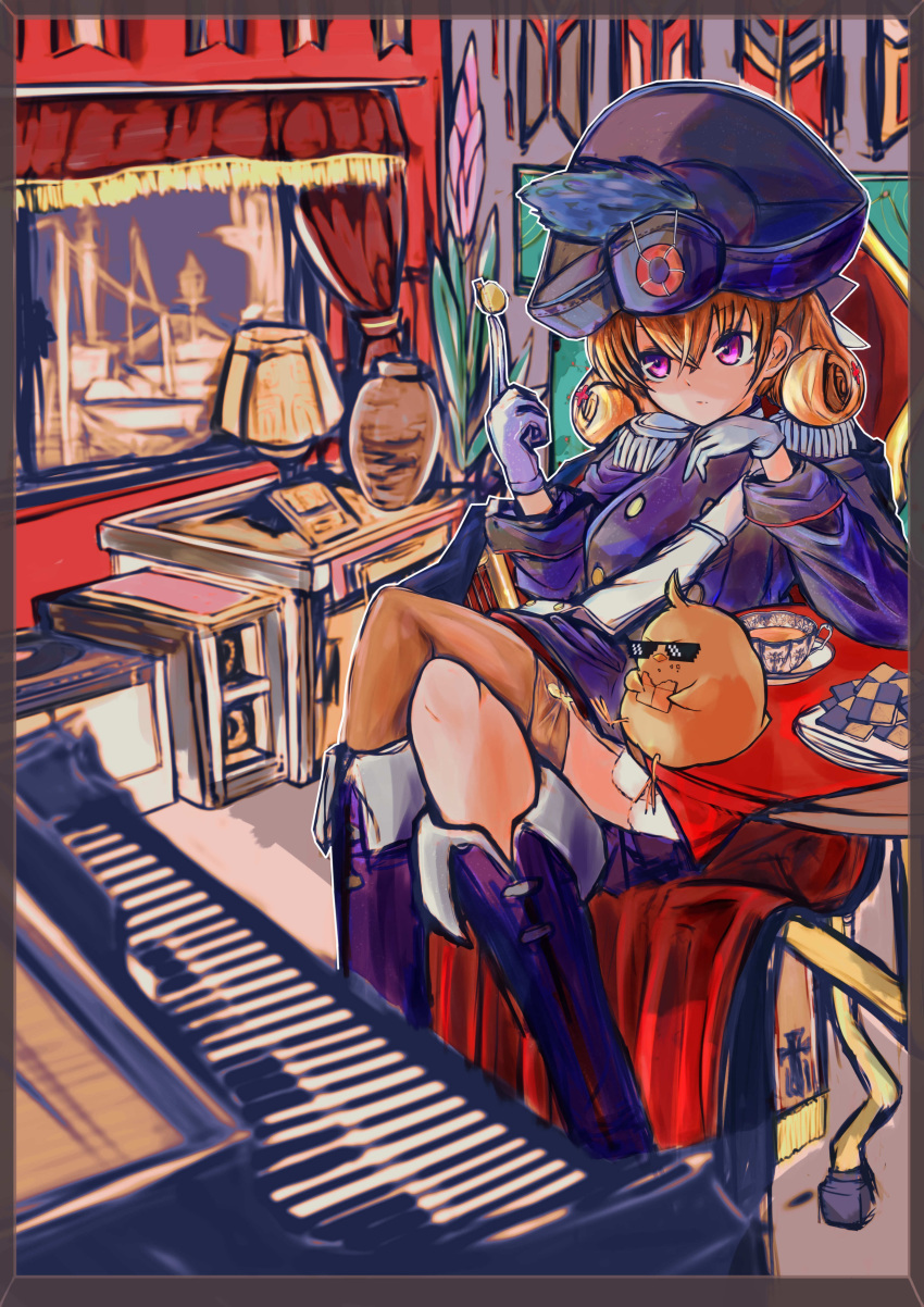 absurdres azur_lane bad_id bad_pixiv_id black_footwear blonde_hair boots cape carabiniere_(azur_lane) epaulettes female gloves hat highres indoors instrument iron_blood_(emblem) lamp long_hair manjuu_(azur_lane) multicolored_cape multicolored_clothes piano purple_eyes sitting white_gloves yakimoti_okaki