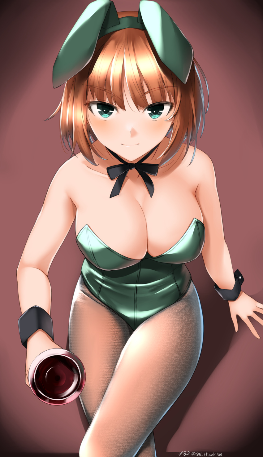 absurdres animal_ears artist_name bare_shoulders blush brave_witches breasts brown_hair cleavage closed_mouth collarbone cup drinking_glass fake_animal_ears female glass green_eyes green_leotard grey_pantyhose gundula_rall highres hiroshi_(hunter-of-kct) large_breasts leotard looking_at_viewer looking_up pantyhose playboy_bunny rabbit_ears short_hair sitting smile solo strapless strapless_leotard wine_glass world_witches_series