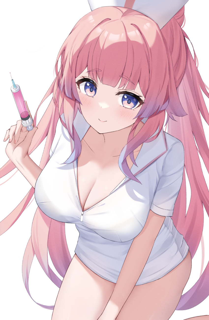 alternate_costume breasts cleavage commentary_request female genshin_impact highres holding holding_syringe large_breasts long_hair no_pants nurse nyuu_(pixiv12143565) pink_hair purple_eyes sangonomiya_kokomi shirt short_sleeves simple_background solo syringe thighs very_long_hair white_background white_shirt