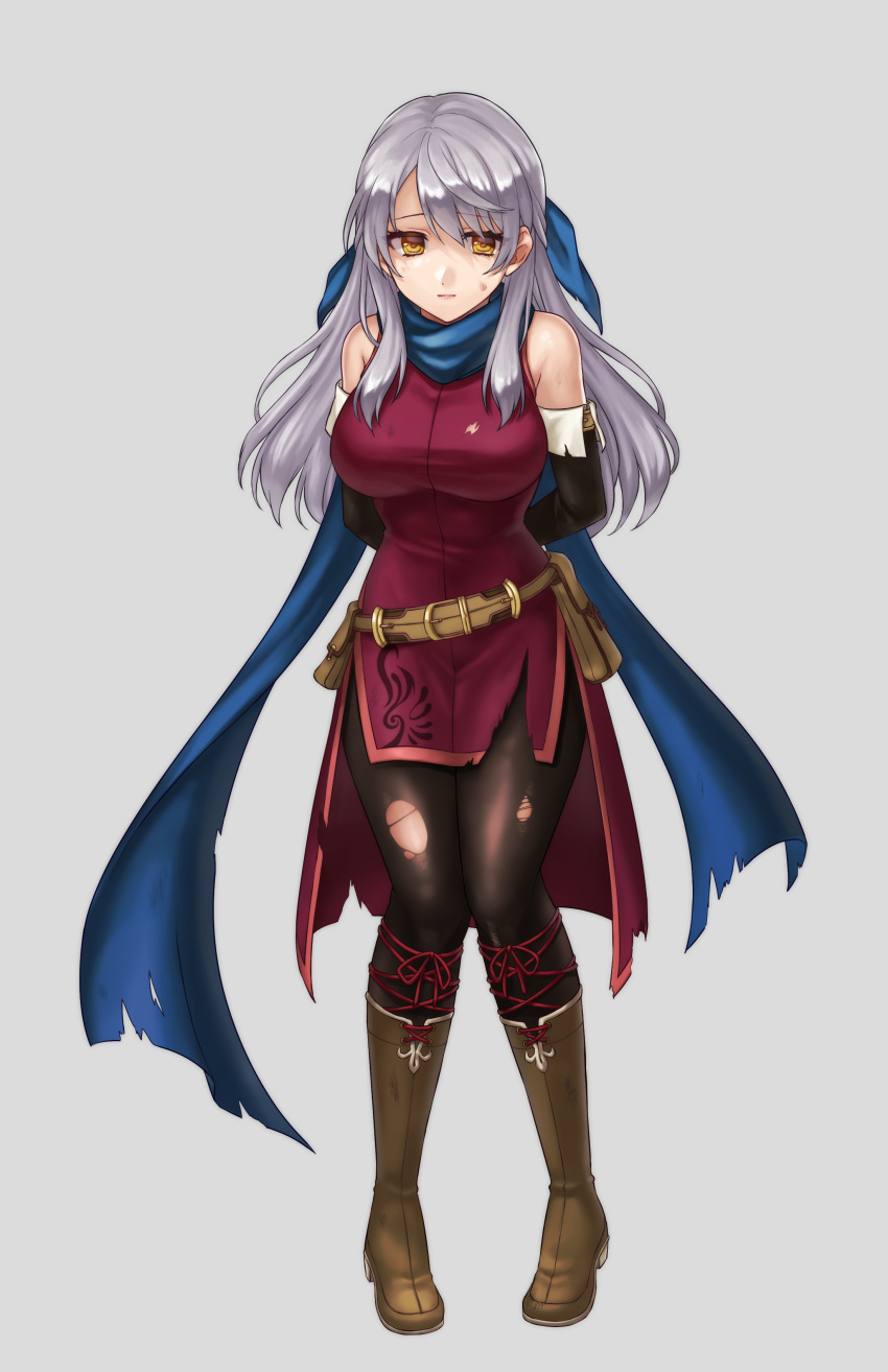 absurdres arm_behind_back bangle bare_shoulders belt black_gloves blue_scarf boots bracelet breasts bruise commentary_request commission dress elbow_gloves female fire_emblem fire_emblem:_radiant_dawn full_body gloves grey_hair hair_ribbon half_updo hazuki_(nyorosuke) highres injury jewelry large_breasts long_hair micaiah_(fire_emblem) pantyhose restrained ribbon scarf side_slit silver_background simple_background skeb_commission sleeveless sleeveless_dress solo torn_clothes torn_dress torn_pantyhose yellow_eyes