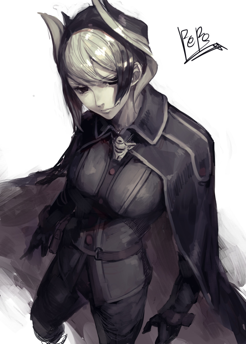 black_cape black_coat black_eyes black_gloves black_hair breasts cape closed_mouth coat dutch_angle female from_above gloves hair_between_eyes highres large_breasts looking_at_viewer made_in_abyss multicolored_hair no_pupils ozen peperon_(peperou) short_hair signature simple_background smile solo standing two-tone_hair whistle whistle_around_neck white_background white_hair