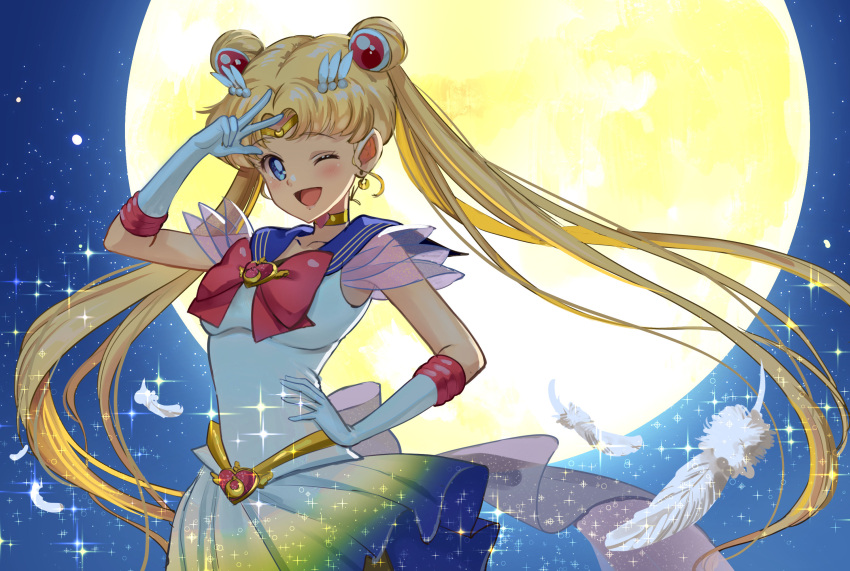 ;d bishoujo_senshi_sailor_moon bishoujo_senshi_sailor_moon_crystal bishoujo_senshi_sailor_moon_supers blonde_hair blue_eyes blue_sailor_collar bow bowtie brooch chesuke circlet collarbone crisis_moon_compact double_bun elbow_gloves feathers female floating_hair gloves gradient_skirt hair_bun hair_intakes hand_on_own_hip heart heart_brooch highres jewelry long_hair looking_at_viewer magical_girl miniskirt moon multicolored_clothes multicolored_skirt one_eye_closed open_mouth pleated_skirt red_bow red_bowtie sailor_collar sailor_moon sailor_senshi_uniform shirt skirt sleeveless sleeveless_shirt smile solo standing super_sailor_moon tsukino_usagi twintails very_long_hair w white_feathers white_gloves white_shirt