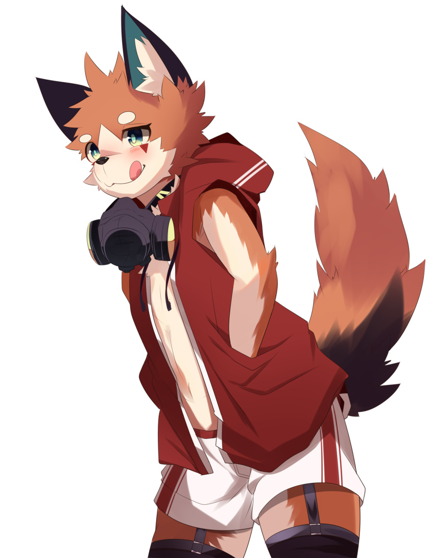 2018 anthro blush bottomwear canid canine clothing fox foxy_(nekojita) fur gas_mask hand_in_pocket hi_res hoodie male mammal mask nekojita pockets red_clothing red_topwear shaded shorts simple_background solo tongue tongue_out topwear white_background white_bottomwear white_clothing