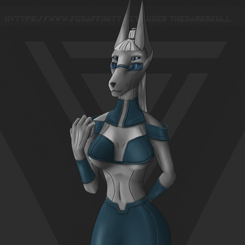 1:1 android anthro artist blue_eyes bra canid canine canis clothing eyewear female goggles hi_res jackal machine mammal robot solo synth_(disambiguation) the_dark_skull underwear