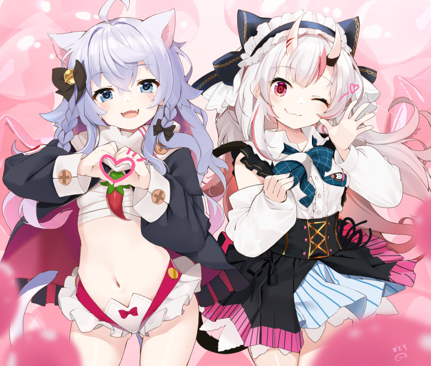 :d ;3 animal_ears bell black_jacket black_skirt blue_bow blue_bowtie blue_eyes bow bowtie braid breasts cat_ears cat_girl cat_tail chest_sarashi closed_mouth collared_shirt female frilled_hairband frills gradient_hair hair_bell hair_ornament hairband hairbow heart high-waist_skirt highres hololive horns indie_virtual_youtuber jacket jingle_bell kagura_nana long_hair long_sleeves looking_at_viewer multicolored_hair nakiri_ayame nakiri_ayame_(girly) nejime oerba_yun_fang official_alternate_costume one_eye_closed oni open_clothes open_jacket puffy_long_sleeves puffy_sleeves purple_hair red_eyes red_hair sarashi shirt skin-covered_horns skirt small_breasts smile streaked_hair tail very_long_hair virtual_youtuber white_hair white_shirt