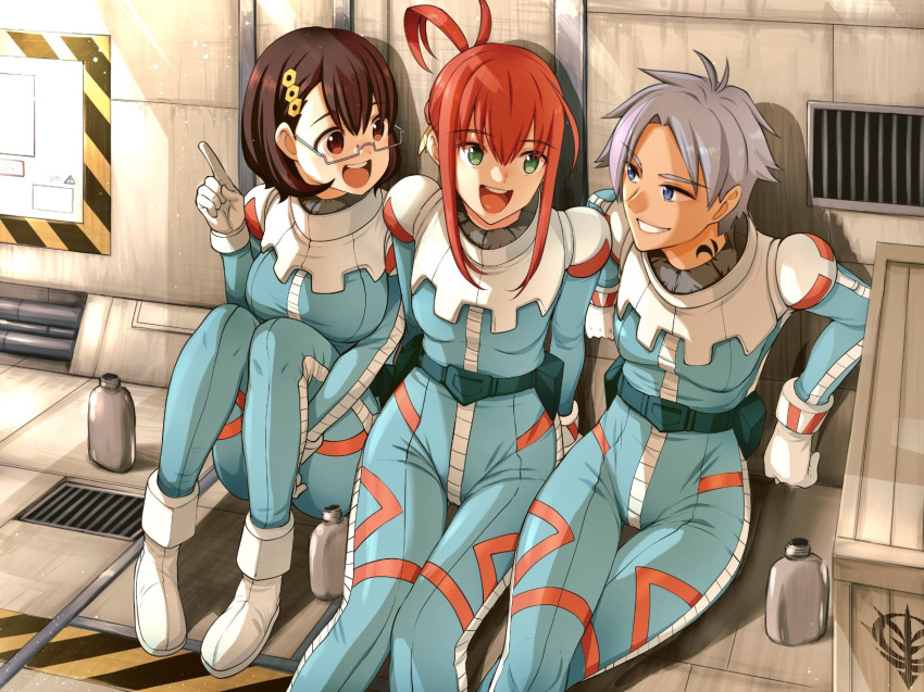 3girls alma_stirner belt blue_belt blue_bodysuit blue_eyes bodysuit breasts brown_eyes flask glasses gloves grey_hair gundam gundam_battle_operation_code_fairy hair_behind_ear hair_between_eyes helena_hegel highres medium_breasts mia_brinkman multiple_girls parted_lips pilot_suit pointing red_hair short_hair sitting small_breasts smile takagi_shuei tan white_gloves