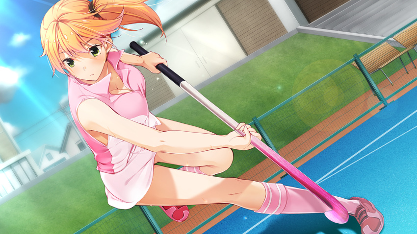 blonde_hair blue_sky blurry blurry_background breasts cleavage closed_mouth cloud day female floating_hair game_cg green_eyes hair_between_eyes hair_ornament holding jacket kneehighs large_breasts lens_flare long_hair miniskirt official_art outdoors pink_jacket pink_socks shinty shinty_stick side_ponytail simon_(n.s_craft) skirt sky sleeveless sleeveless_jacket socks solo sportswear sunlight toriko_no_shimai_~midara_ni_moteasobareru_unmei_no_mayoigo~ uryuu_kazuho white_skirt