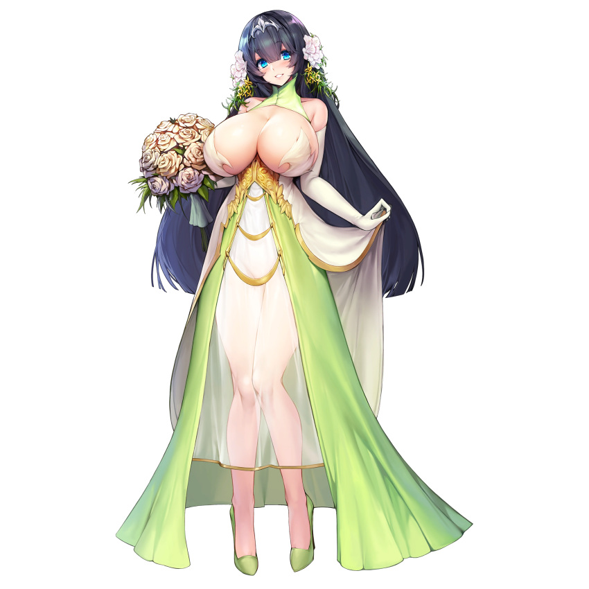 blue_eyes bouquet breasts bride circlet cleavage dress elbow_gloves female flower full_body game_cg gloves hair_between_eyes hair_flower hair_ornament high_heels highres huge_breasts last_origin long_hair looking_at_viewer mole mole_under_eye oberonia_rhea official_alternate_costume official_art see-through smile snowball22 solo tachi-e transparent_background very_long_hair wedding_dress white_gloves