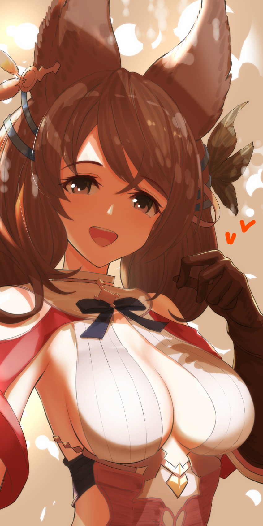 absurdres aiu_eo animal_ears bad_id bad_twitter_id breasts brown_eyes brown_gloves brown_hair erune female gloves granblue_fantasy highres la_coiffe_(granblue_fantasy) smile solo