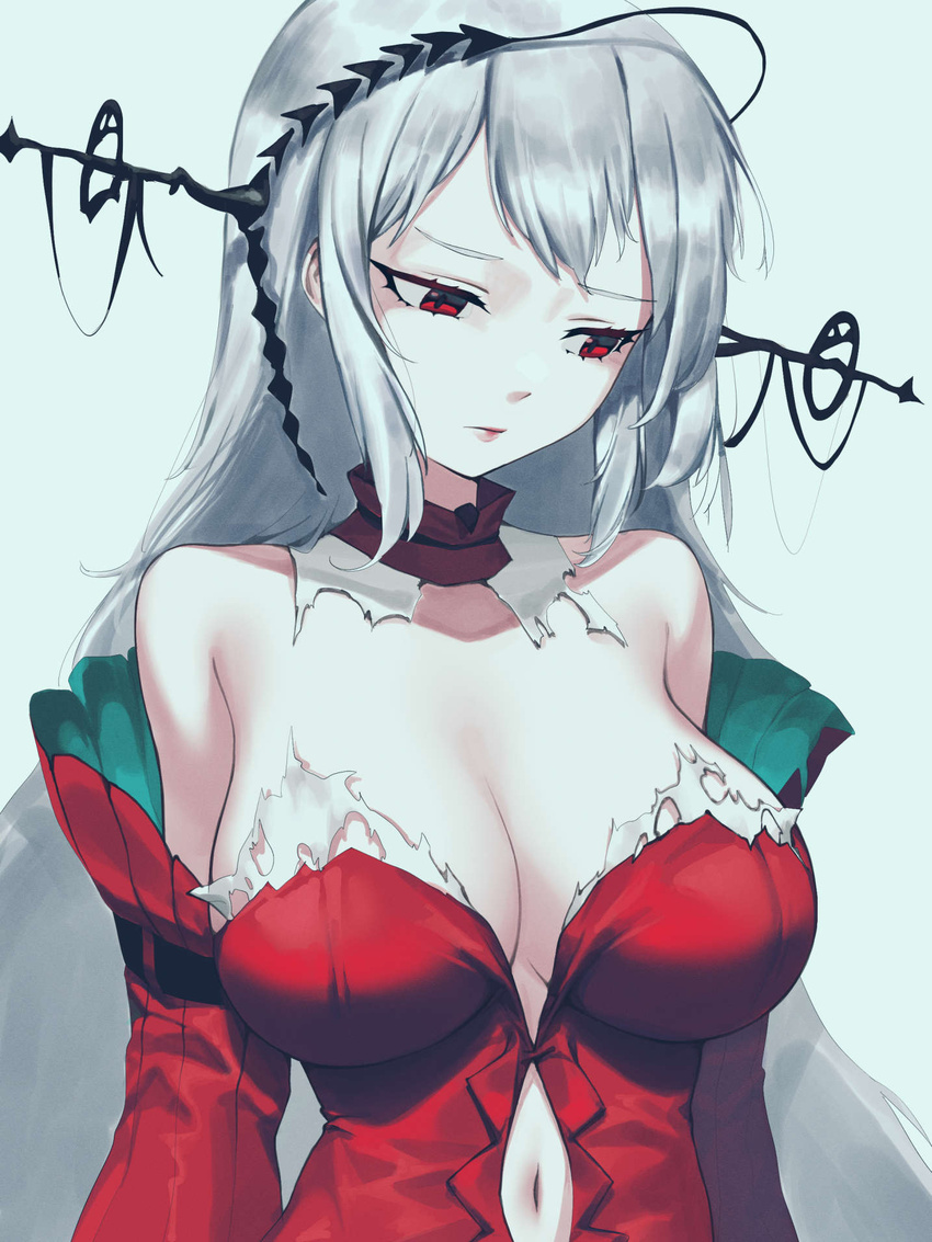 arknights bare_shoulders breasts cleavage closed_mouth clothing_cutout collarbone detached_collar detached_sleeves dress female grey_background grey_hair headgear highres lipstick long_hair long_sleeves looking_away looking_down makeup navel navel_cutout official_alternate_costume red_dress red_eyes siguya simple_background skadi_(arknights) skadi_the_corrupting_heart_(arknights) solo straight_hair strapless strapless_dress torn_clothes torn_dress upper_body very_long_hair