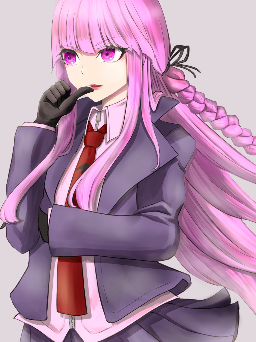 absurdres bad_id bad_pixiv_id black_gloves black_ribbon black_skirt braid collared_shirt cowboy_shot danganronpa:_trigger_happy_havoc danganronpa_(series) female gloves grey_background hair_ribbon highres jacket kirigiri_kyoko long_hair long_sleeves necktie open_clothes open_jacket pink_eyes pink_hair pink_jacket pleated_skirt purple_eyes raki_garden red_lips red_necktie ribbon shirt simple_background skirt solo square-end_necktie thinking white_shirt