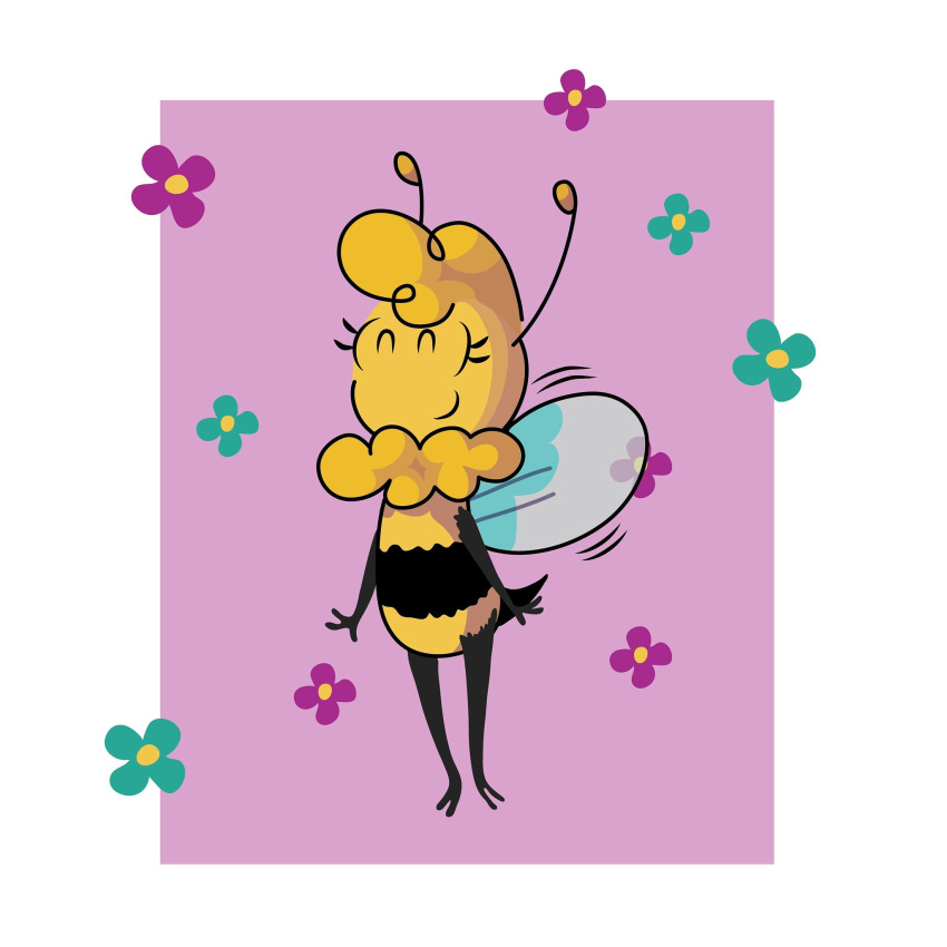 1:1 3_fingers antennae_(anatomy) anthena anthro arthropod bee bee_sting digital_media_(artwork) el_señor_erizo female fingers flower happy hi_res hymenopteran insects jill_(el_senor_erizo) plant simple_background smile solo sting