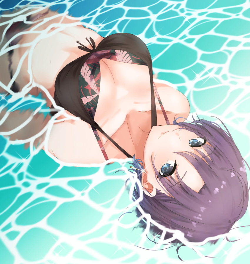 absurdres afloat asakura_toru bare_shoulders bikini blue_eyes breasts cleavage collarbone commentary_request earrings female glint hair_between_eyes hair_intakes halterneck highres idolmaster idolmaster_shiny_colors jewelry looking_at_viewer medium_breasts navel partially_submerged purple_hair ryuu. short_hair smile solo sparkle string_bikini swimsuit water