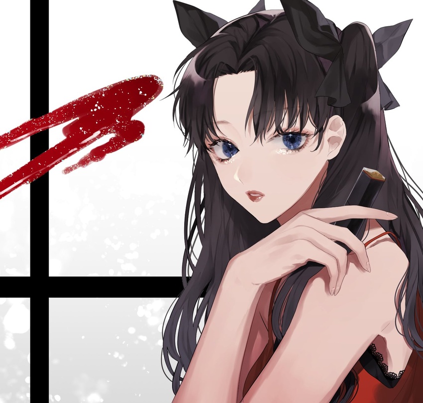 alternate_costume bad_id bad_twitter_id bare_shoulders black_background black_bra black_hair black_ribbon blue_eyes bra commentary_request cosmetics dress fate/stay_night fate_(series) female hair_ribbon highres lace-trimmed_bra lace_trim lipstick lipstick_tube long_hair looking_at_viewer makeup open_mouth parted_lips red_dress red_lips ribbon shimatori_(sanyyyy) solo tohsaka_rin two-tone_background two_side_up underwear upper_body white_background