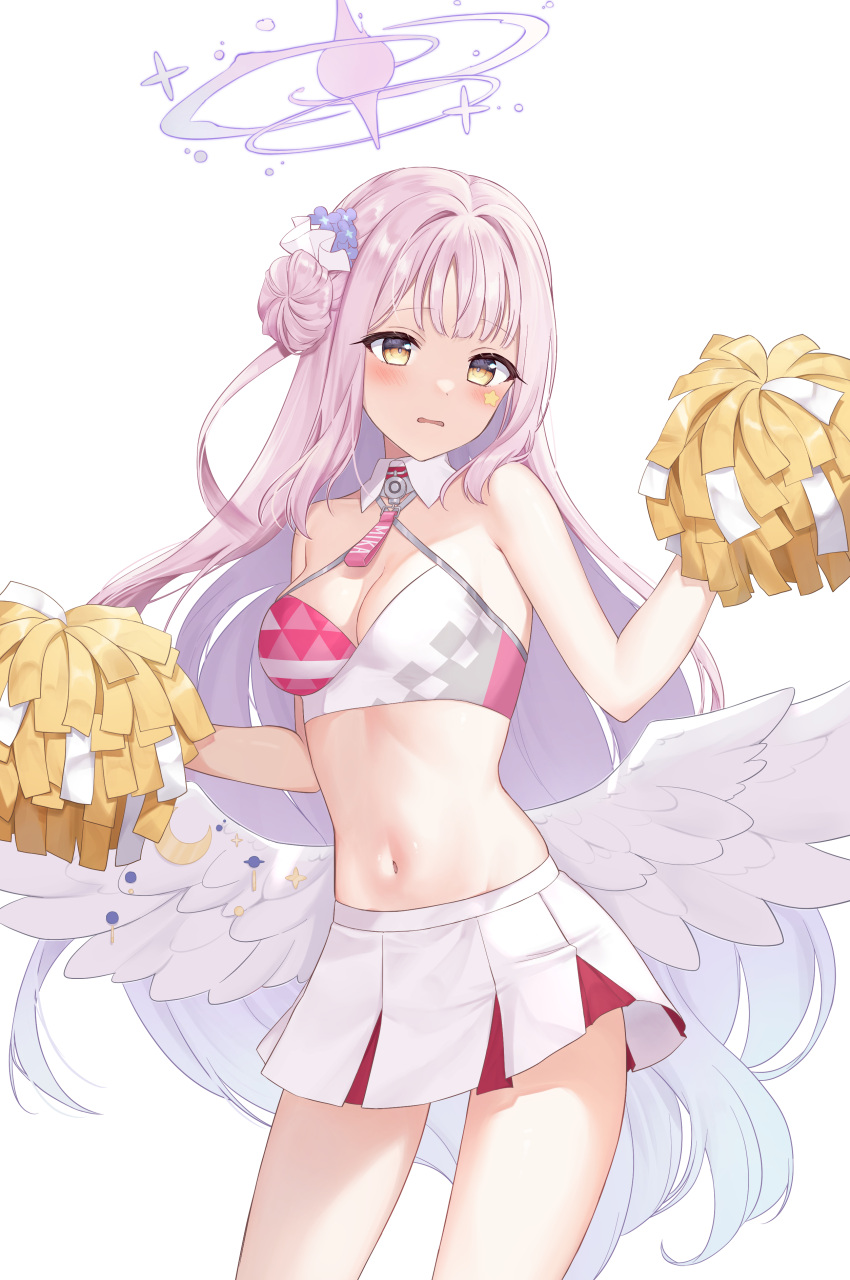 absurdres blue_archive breasts cheerleader cleavage commentary_request female hair_bun halo highres long_hair looking_at_viewer low_wings medium_breasts midriff mika_(blue_archive) mochiko_(uyu_omochi) navel pink_hair pink_halo pom_pom_(cheerleading) simple_background single_hair_bun solo very_long_hair white_background white_wings wings yellow_eyes