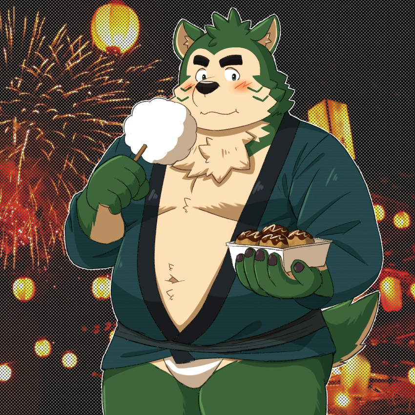 1:1 anthro asian_clothing belly candy canid canine canis clothing cotton_candy dessert domestic_dog east_asian_clothing english_text eyebrows festival food fundoshi fur green_body green_fur happi_(clothing) hi_res japanese_clothing lifewonders live_a_hero male mammal mokdai navel overweight overweight_male solo takoyaki text thick_eyebrows underwear yaki_atsuage