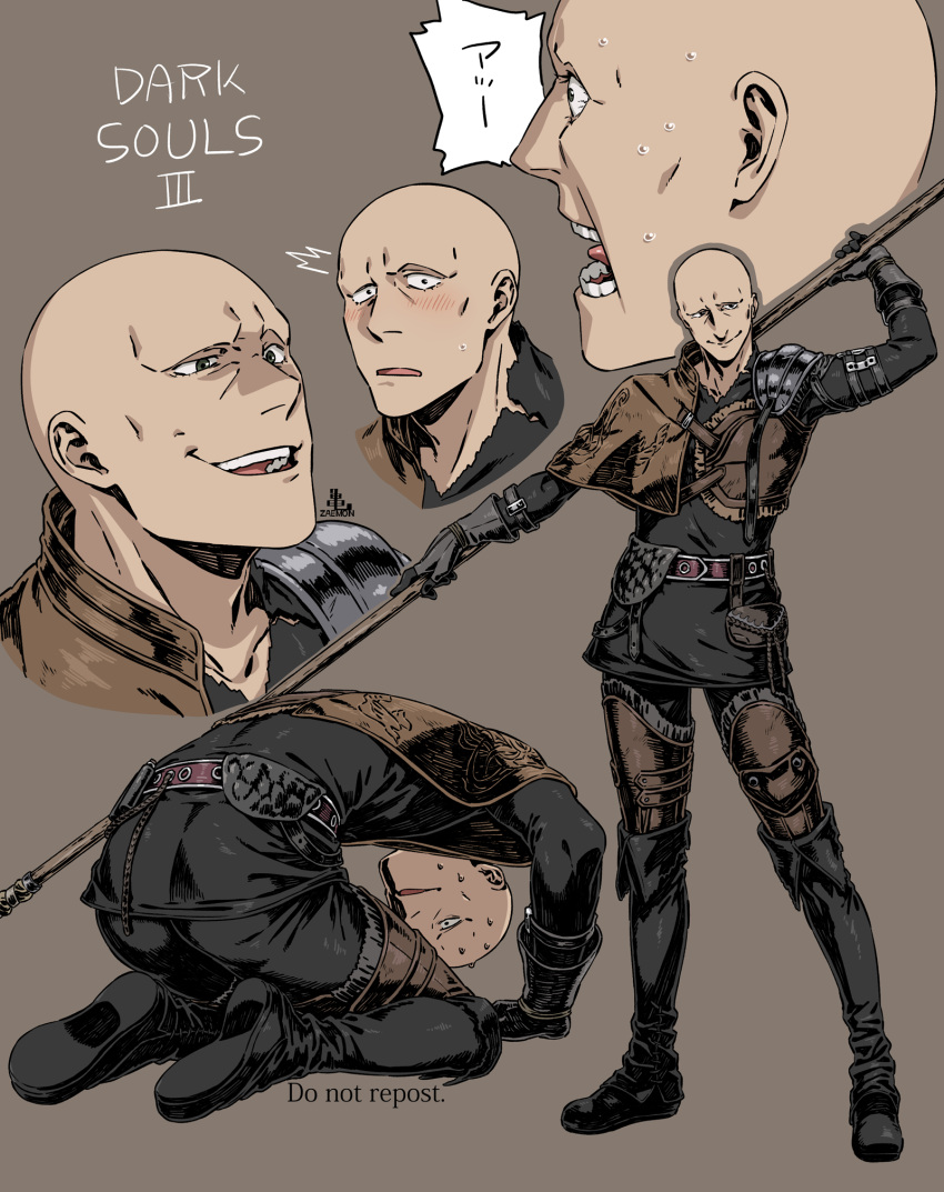 1boy ass bald belt black_belt black_footwear black_gloves blush boots copyright_name dark_souls_(series) dark_souls_iii full_body gloves highres holding holding_polearm holding_weapon kamezaemon knee_boots looking_at_viewer male_focus multiple_views open_mouth patches_(from_software) polearm smile spear speech_bubble standing sweat teeth translated upper_teeth_only weapon