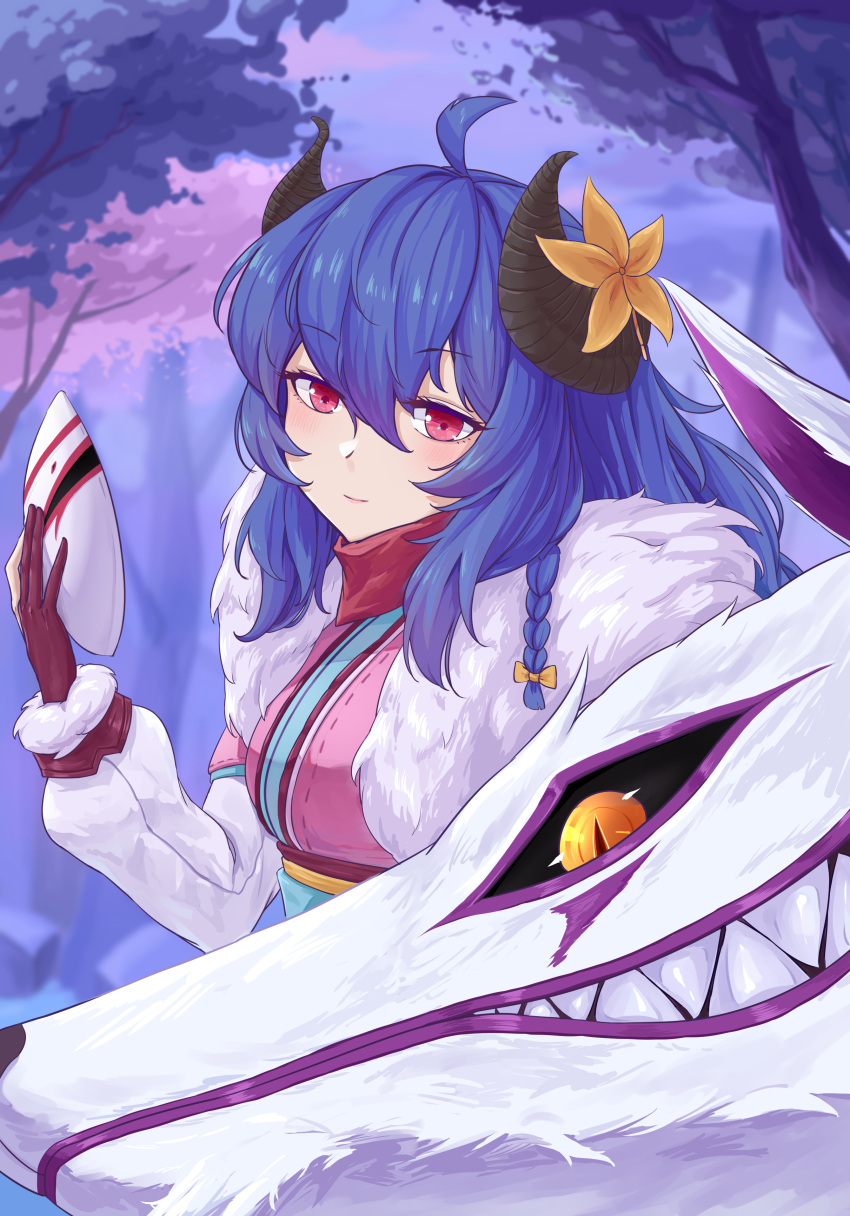 absurdres ahoge black_sclera blue_hair breasts colored_sclera female forest fur_trim grin hair_between_eyes highres holding holding_mask horns kindred_(league_of_legends) lamb_(league_of_legends) large_breasts league_of_legends looking_at_viewer lord_boros_(bouluosi) mask nature no_mask official_alternate_costume outdoors red_eyes red_scarf scarf sharp_teeth slit_pupils smile spirit_blossom_kindred teeth upper_body wolf wolf_(league_of_legends) yellow_eyes