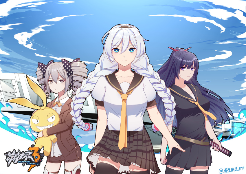 3girls 7t absurdres black_legwear blue_eyes blue_sky bow bowtie braid bronya_zaychik bronya_zaychik_(wolf's_dawn) brown_jacket brown_shorts brown_skirt closed_mouth cloud cloudy_sky doll drill_hair grey_eyes grey_hair hairbow headband highres holding holding_doll holding_sword holding_weapon homu_(honkai_impact) honkai_(series) honkai_impact_3rd jacket katana kiana_kaslana long_hair long_sleeves multiple_girls neckerchief official_art orange_bow orange_bowtie outdoors ponytail purple_eyes purple_hair purple_shirt purple_skirt raiden_mei school_uniform shirt short_sleeves shorts skirt sky smile sword thighhighs twin_braids twin_drills weapon white_hair white_shirt yellow_neckerchief