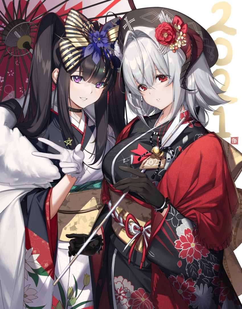 2021 2girls arrow_(projectile) azur_lane black_choker black_gloves black_hair blush breasts choker cross diffraction_spikes dore_(gilles_dore) ema floral_print glint gloves grey_hair hair_ornament hamaya hat head_tilt highres holding holding_arrow horns iron_cross japanese_clothes kimono large_breasts long_hair long_sleeves looking_at_viewer multiple_girls nuernberg_(azur_lane) obi oil-paper_umbrella parted_lips peter_strasser_(azur_lane) purple_eyes red_eyes sash smile star_(symbol) star_hair_ornament twintails umbrella very_long_hair w white_gloves wide_sleeves