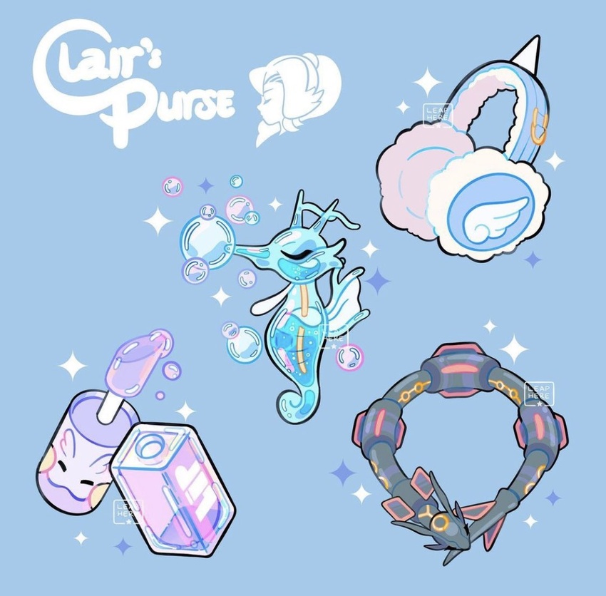 alternate_color blue_background bottle bubble character_name clair_(pokemon) commentary earmuffs goomy kingdra leaphere liquid pokemon pokemon_gsc rayquaza shiny_pokemon sparkle themed_object watermark