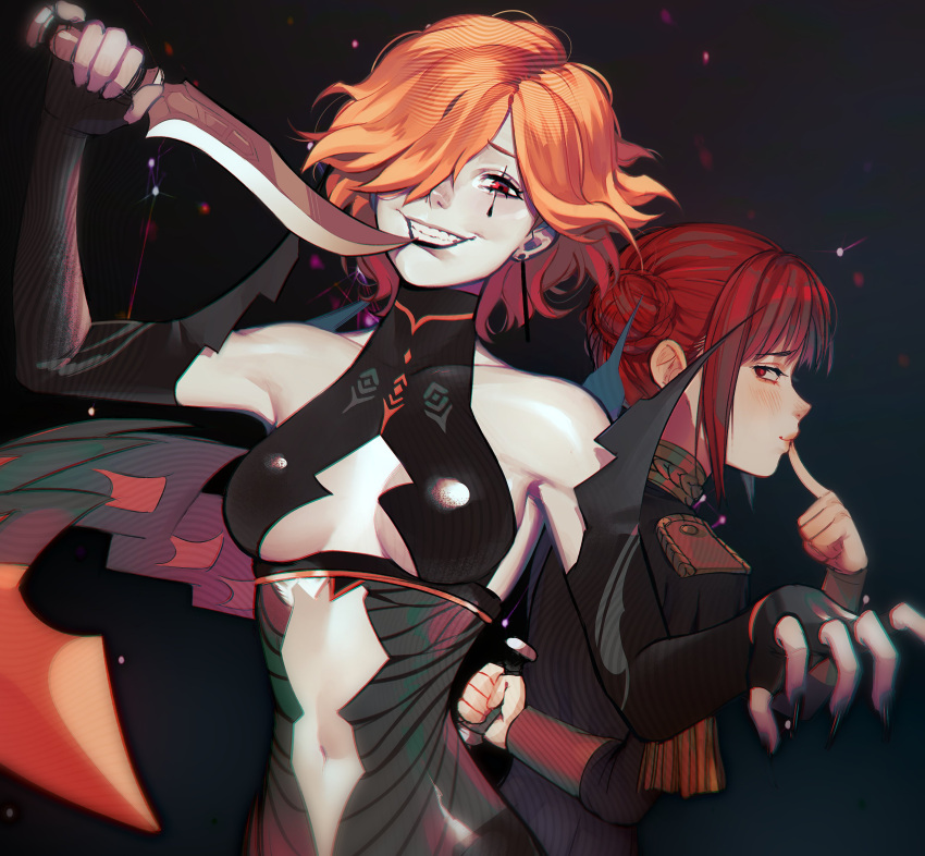 2girls absurdres black_dress black_gloves black_jacket black_lips breasts clothing_cutout commentary dagger double_bun dress dual_persona elbow_gloves english_commentary epaulettes finger_to_mouth fingerless_gloves fire_emblem fire_emblem:_three_houses gloves grin hair_bun hair_over_one_eye hand_up highres holding holding_dagger holding_knife holding_weapon jacket knife kronya_(fire_emblem) lavelis lipstick long_sleeves makeup medium_breasts monica_von_ochs multiple_girls navel navel_cutout one_eye_covered orange_hair pale_skin red_eyes red_hair sideways_glance smile underboob underboob_cutout weapon