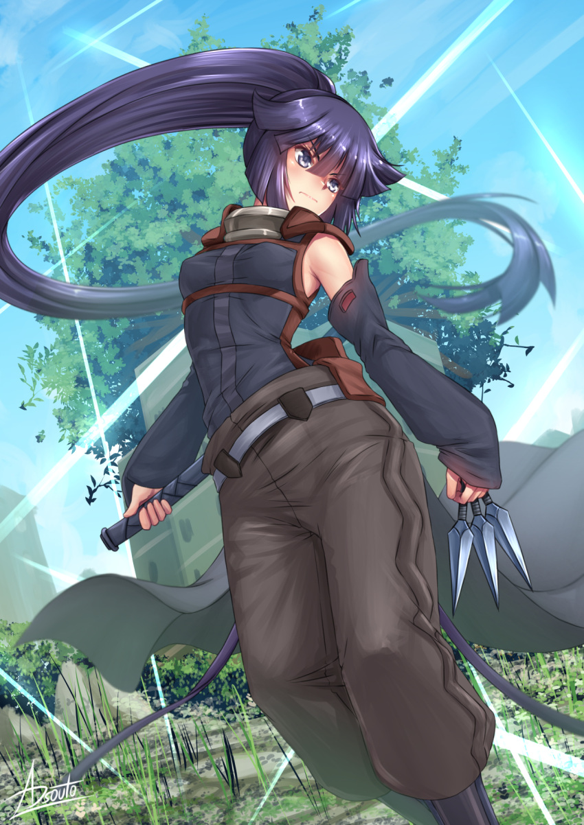 adsouto akatsuki_(log_horizon) assassin bare_shoulders blue_hair blush building commentary covered_nipples detached_sleeves duplicate english_commentary female grass highres holding holding_weapon log_horizon long_hair pixel-perfect_duplicate ponytail solo sword tree very_long_hair weapon