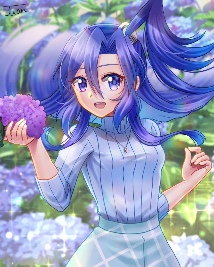 :d blue_eyes blue_flower blue_hair blurry blurry_background blush female floating_hair flower hair_between_eyes hair_intakes hair_ornament high_ponytail highres holding holding_flower hydrangea jewelry juan_0121 kazanari_tsubasa long_hair long_sleeves md5_mismatch one_side_up pendant purple_flower resolution_mismatch ribbed_sweater senki_zesshou_symphogear signature skirt smile solo source_smaller sparkle standing sweater turtleneck turtleneck_sweater very_long_hair white_sweater